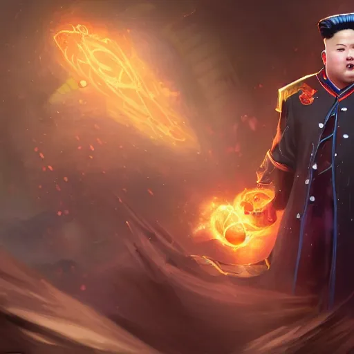 Image similar to portrait of kim - jong un as a spellcaster and mage, league of legends amazing splashscreen artwork, splash art, natural light, elegant, photorealistic facial features, intricate, fantasy, detailed face, atmospheric lighting, anamorphic lens flare, cinematic lighting, league of legends splash art, hd wallpaper, ultra high details by greg rutkowski