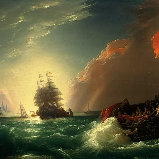 Prompt: an oil painting of an xviii century ship firing its cannons, highly detailed, 4 k, painted by thomas cole