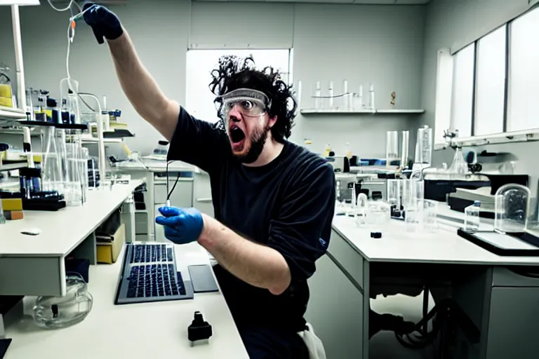 Image similar to a slobbish, mad scientist, working in a lab