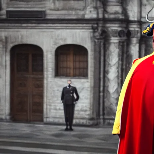 Prompt: cinematic shot of Gabe Newell wearing a Swiss Guard uniform and standing at attention, 8k, ultra detailed, ultra intricate, depth of field,
