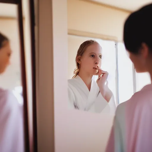 Image similar to , a beautiful girl dressed in robes looking in the mirror at a older girl, 5 0 mm lens, f 1. 4, sharp focus, ethereal, emotionally evoking, head in focus, volumetric lighting, blur dreamy outdoor,