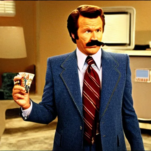 Image similar to a movie still of Alex Trebeck as Ron Burgundy in the movie Anchorman