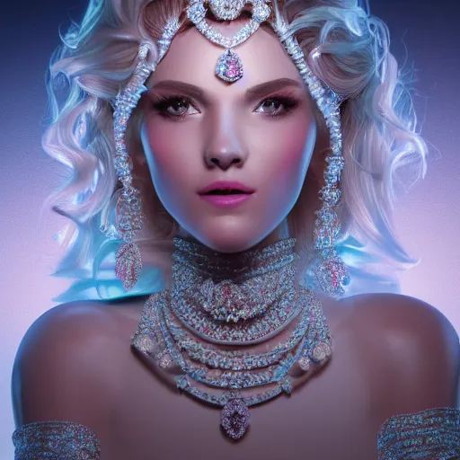 Image similar to portrait of wonderful princess of diamond with fair skin, ornate with diamonds, 8 k, gorgeous, intricate, detailed, glowing white accent lighting, dramatic lighting, octane render