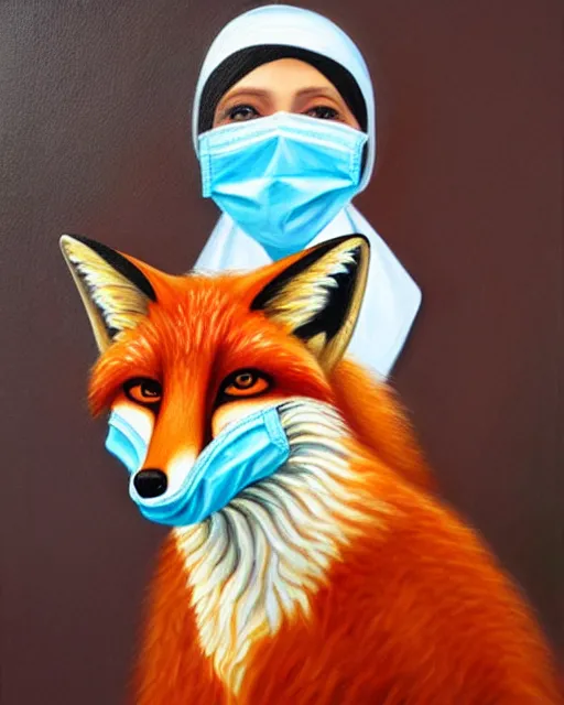 Image similar to oil painting portrait of anthropomorphic female fox animal dressed in doctor's coat, surgical mask covering mouth, holding syringe, fox animal, hospital in background, oil painting,