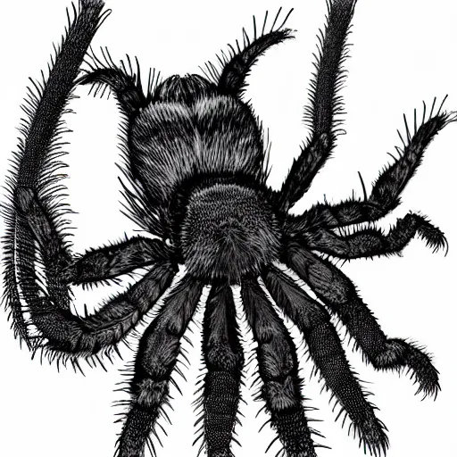 Prompt: book illustration of a tarantula with a machine gun mounted on its back. book illustration, monochromatic, white background, black and white image