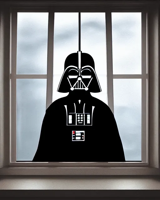 Image similar to acrylic painting portrait of darth vader looking through a large window into outer space, high production value, intricate details, high resolution, hdr, high definition, masterpiece, realistic, ultrarealistic, highly detailed, hd, sharp focus, non blurry, sharp, smooth