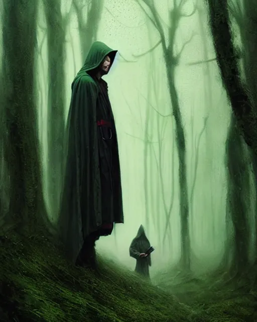 Prompt: portrait Green hooded jacket coat Hunter man elf, long-haired At the rainy forest, ambush, movie still By greg rutkowski, tom bagshaw, beksinski