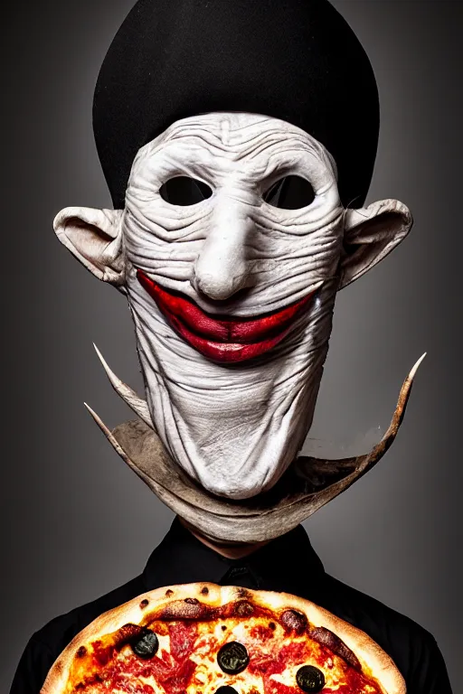 Image similar to portrait photo of an old wrinkled man, skinny face, bony face, long crooked nose, large gaping mouth, black pulcinella mask, masquerade mask, pointy conical hat, white wrinkled shirt, holding pizza, presenting pizza, close - up, skin blemishes, menacing, intimidating, masterpiece by jimmy nelson