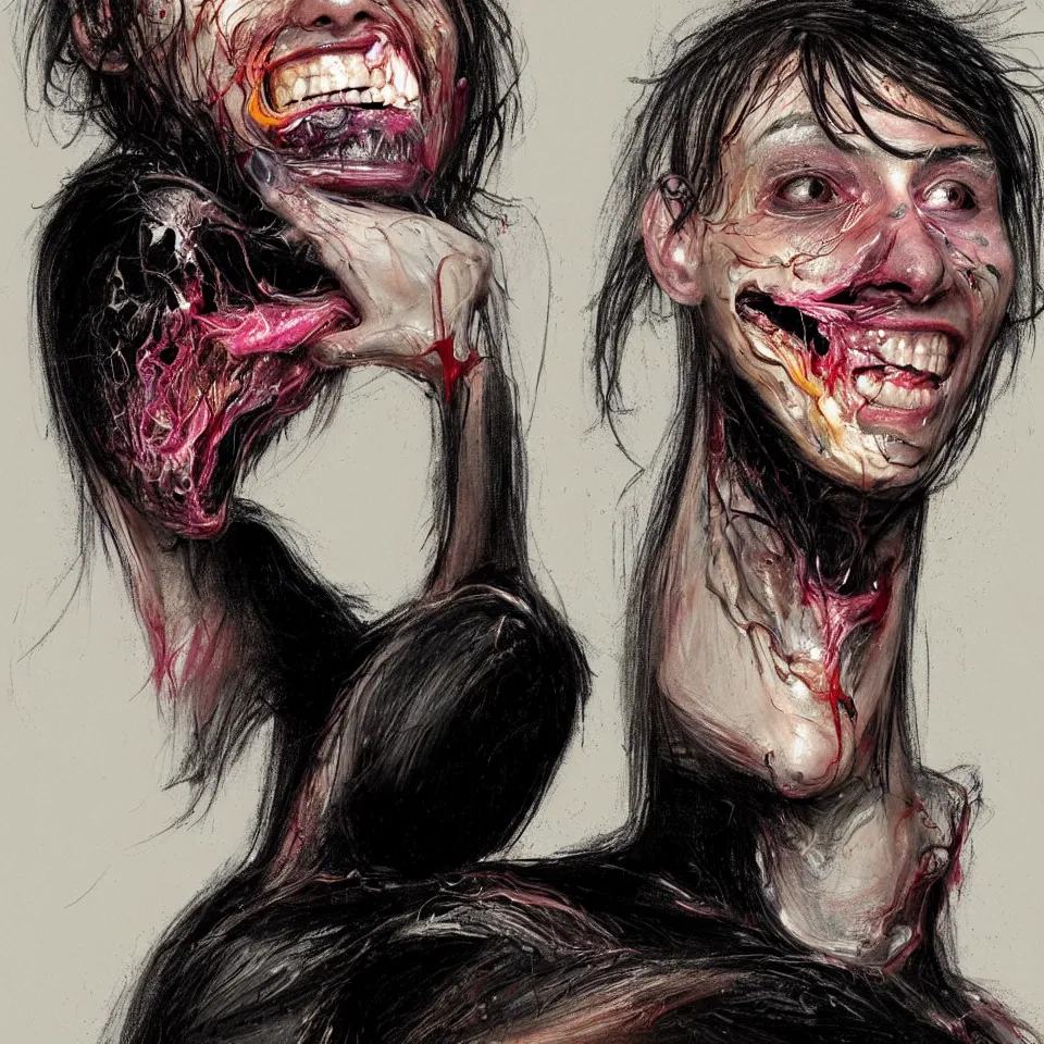 Prompt: bright realistic anorexic man turning into a black cat and smiling franticly, apartment, rotten flesh, diffuse lighting, fantasy, intricate, elegant, highly detailed, lifelike, photorealistic, digital painting, artstation, illustration, concept art, smooth, sharp focus, art by francis bacon and jenny saville