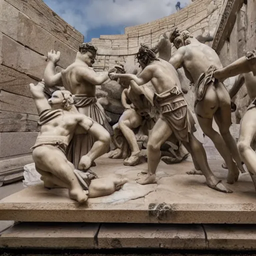 Prompt: epic fight between greek warriors and ducks, marble statue