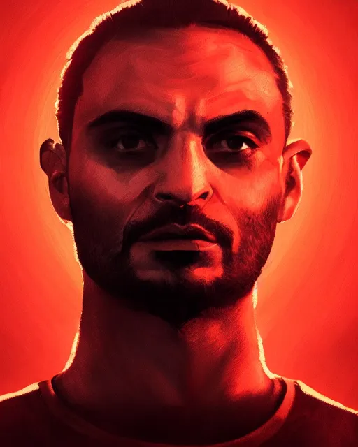 Image similar to Michael Mando as Nacho Varga in red shirt, backlit portrait, black background, cinematic lighting, atmospheric, digital artwork, best of artstation