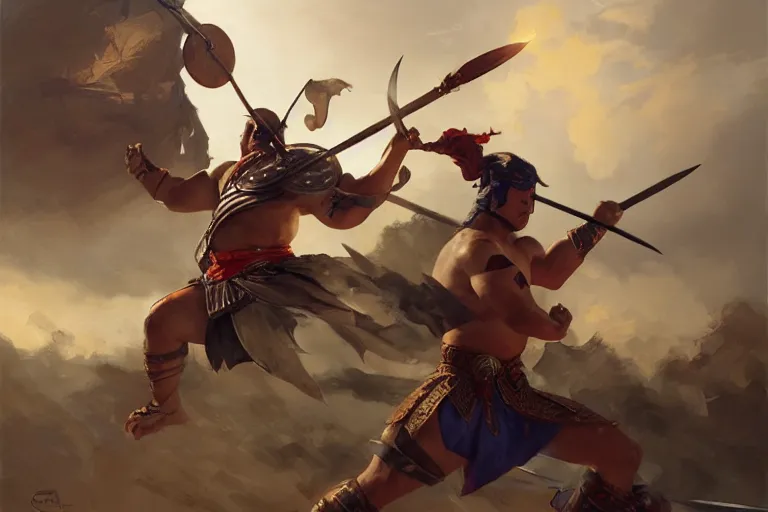 Image similar to a filipino gladiator charging with a sword in an arena, organic painting, sunny day, matte painting, bold shapes, hard edges, street art, trending on artstation, by huang guangjian, gil elvgren, ruan jia, randy vargas, greg rutkowski