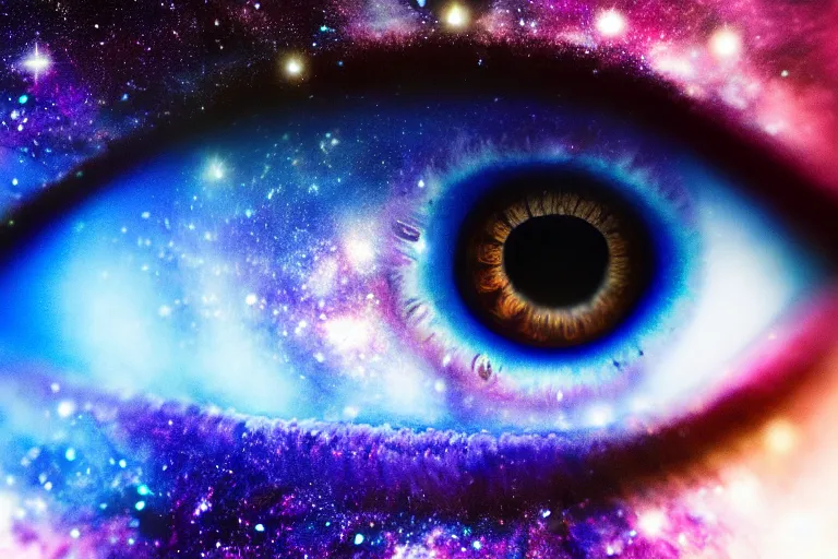 Image similar to a galaxy is inside of an eye, beautiful eye, eye, eye of a woman, realistic, ultra realistic, macro photo, beautiful, digital art, conceptual art, trending on artstation