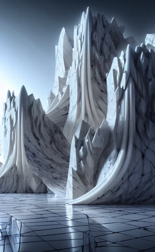 Prompt: highly detailed 3 d render cinematic composition of a white fluid fractal sci - fi surreal architecture landscape, marble, stone, magnesium, archviz, vincent callebaut composition, mamou - mani, beautiful lighting, hyper detailed, 8 k, unreal engine, hdr, dof