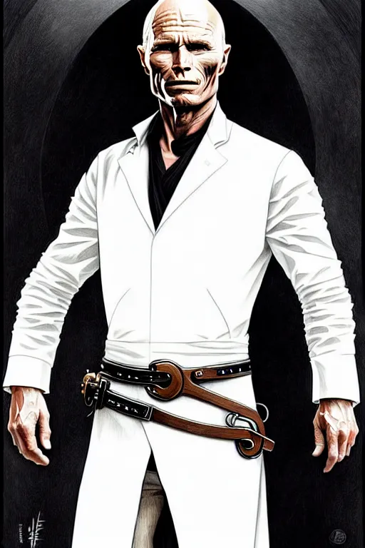 Image similar to ed harris as the man in black, westworld, wearing an all white outfit in the style of art by artgerm and greg rutkowski and alphonse mucha