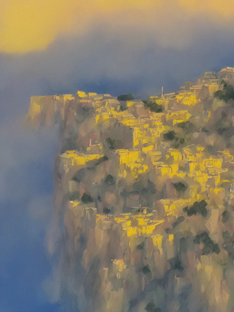 Prompt: painting of cliff, the small city is on the top, yellow sky, view from mount, trending on artstation