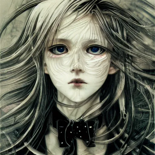 Image similar to Yoshitaka Amano realistic illustration of an anime girl with wavy white hair and cracks on her face wearing white shirt and black tie, abstract black and white patterns on the background, noisy film grain effect, highly detailed, Renaissance oil painting, weird camera angle