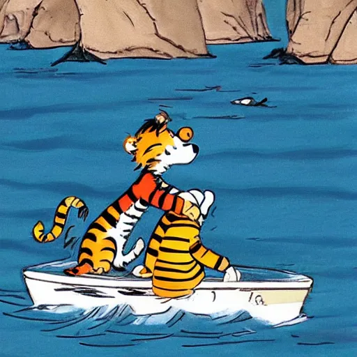 Image similar to calvin and hobbes sailing thier yacht