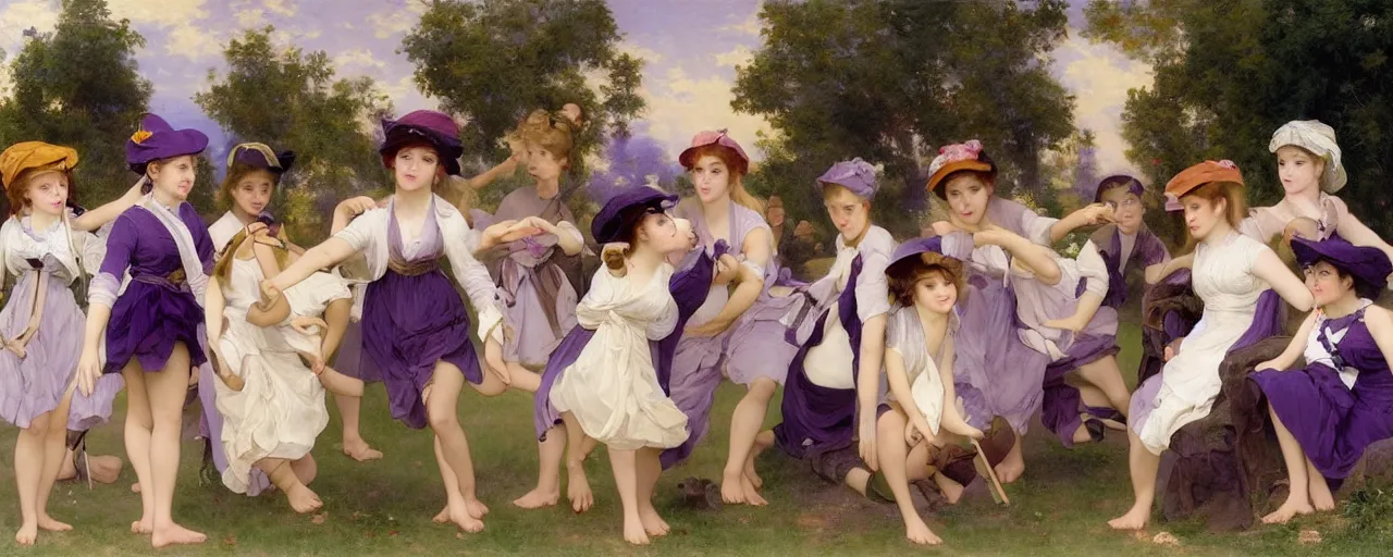 Prompt: A character sheet of full body cute magical girls with short blond hair wearing an oversized purple Beret, Baggy Purple overall shorts, Short Puffy pants made of silk, pointy jester shoes, a big billowy scarf, Golden Ribbon, and white leggings Covered in stars. Short Hair. Sunlit. Haute Couture.Art by william-adolphe bouguereau and Paul Delaroche and Alexandre Cabanel and Lawrence Alma-Tadema. Smooth. Elegant. Highly Detailed. Intricate. 4K. UHD. Denoise.