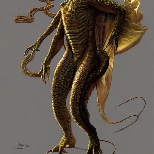 Prompt: fullbody!! jesus the lizard king, scaly cold blooded reptilian, claws, intricate, elegant, highly detailed, digital painting, artstation, concept art, smooth, sharp focus, illustration, art by artgerm and greg rutkowski and alphonse mucha