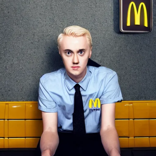 Image similar to Draco Malfoy sitting at a booth in McDonalds, McDonalds interior background, photo