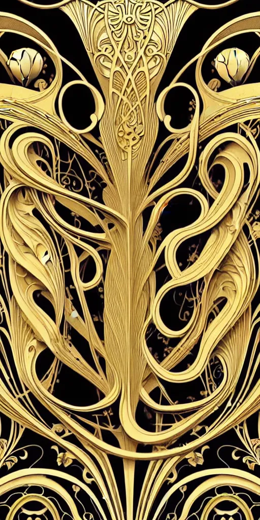 Prompt: the source of future growth dramatic, elaborate emotive Art Nouveau styles to emphasise beauty as a transcendental, seamless pattern, symmetrical, large motifs, hyper realistic, 8k image, 3D, supersharp, Flying shiny silk fabric in Art nouveau curves spirals and swirls, iridescent and black and gold colors , perfect symmetry, iridescent, High Definition, sci-fi, Octane render in Maya and Houdini, light, shadows, reflections, photorealistic, masterpiece, smooth gradients, no blur, sharp focus, photorealistic, insanely detailed and intricate, cinematic lighting, Octane render, epic scene, 8K