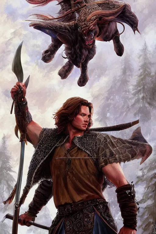 Image similar to front portrait of attractive sam winchester as a highlander in a romance book, fantasy style, sharp focus!, ultra detailed, art by artgerm and peter andrew jones, wlop