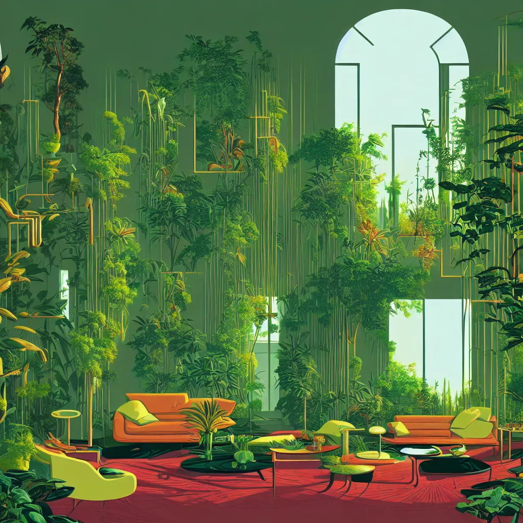 Prompt: luxury living room full of plants and trees by kilian eng