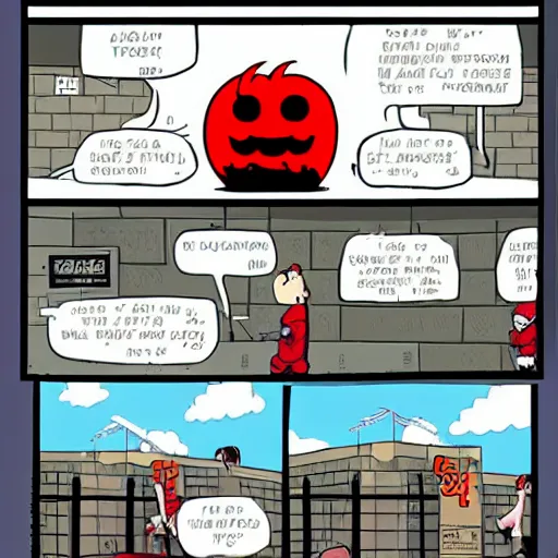 Image similar to The Kool-Aid Man breaking out of a Supermax Prison, comic book art