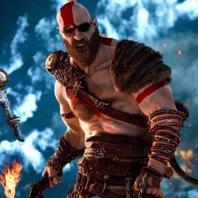 Prompt: sunglasses wearing kratos rocking out on a flaming guitar, cinematic render, god of war 2 0 1 8, playstation studios official media, sunglasses, lightning