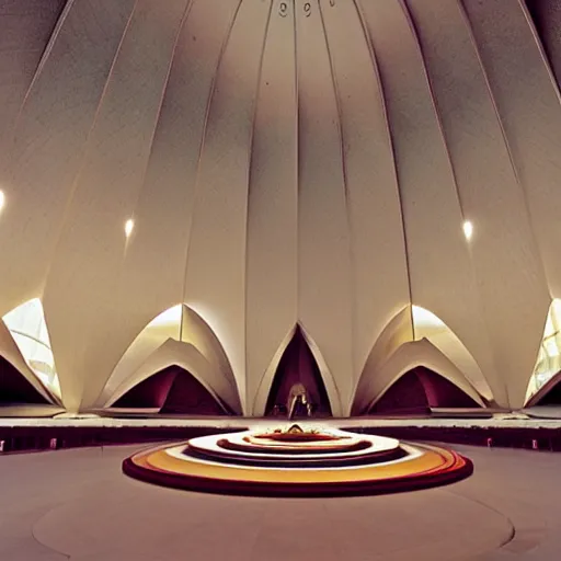 Image similar to interior of a futuristic lotus temple with gold, red and white marble panels, in the desert, by buckminster fuller and syd mead, intricate contemporary architecture, photo journalism, photography, cinematic, national geographic photoshoot