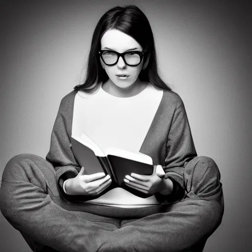 Image similar to a beautiful women readinf a book, nerdy, award winning photo, greyscale