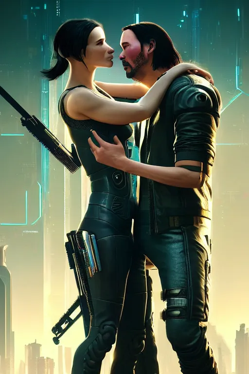 Image similar to a cyberpunk 2077 couple portrait of Keanu Reeves & female android final kiss in the night city,love,art by John Collier and Albert Aublet and Krenz Cushart and Artem Demura and Alphonse Mucha,John Wick,Replicas,artstation,deviantart,FAN ART,Digital painting,face enhance,highly detailed,8K,octane,golden ratio,cinematic lighting