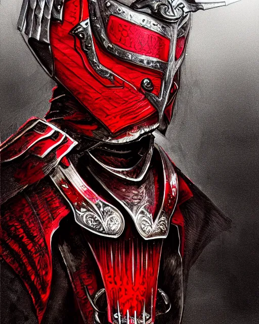Prompt: hyperdetailed full body portrait of a knight, red & black fancy armour, fancy black helmet with sharp red horns, wearing a scabbard, hd, sharp focus, illustration, trending on artstation