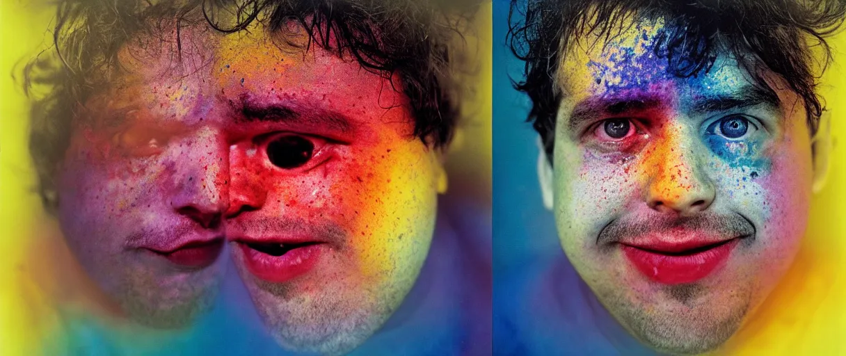 Prompt: award winning photo of a todd solondz charles thompson iv becoming one with the universe, sad and happy, crying and smiling franticly, vivid colors, happy, symmetrical face, beautiful eyes, studio lighting, wide shot art by sally mann & arnold newman