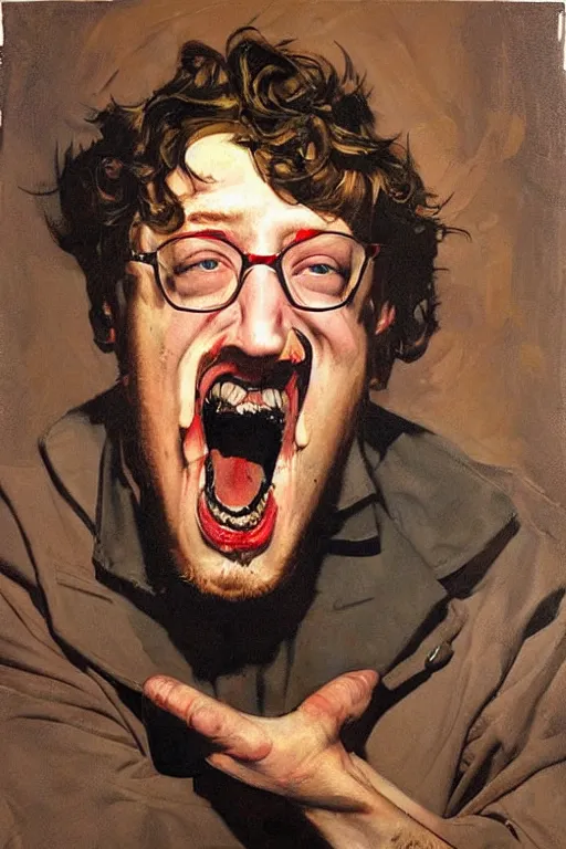 Image similar to ugly, bloated, red faced sam hyde, screaming, painting by jc leyendecker!! phil hale!, angular, brush strokes, painterly, vintage, crisp