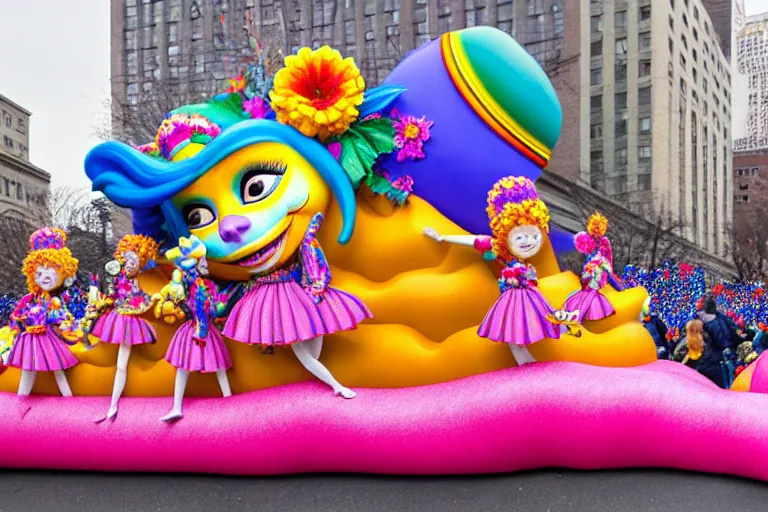 Prompt: photo of giant beautiful elaborate parade float character designed by ( ( ( ( ( ( ( ( lisa frank ) ) ) ) ) ) ) ) and wes anderson!!!!!!!!!!!!!!, in the macys parade, detailed 4 k photo,