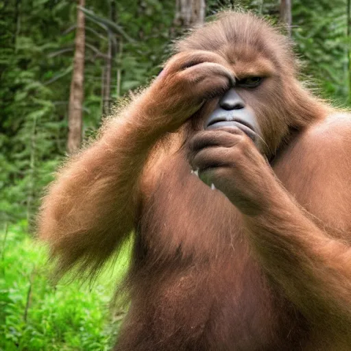 Image similar to a sasquatch looking into a trail cam, picking his nose