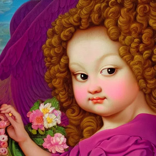 Prompt: baroque rococo painting of a cherub portrait greg hildebrandt lisa frank high detail