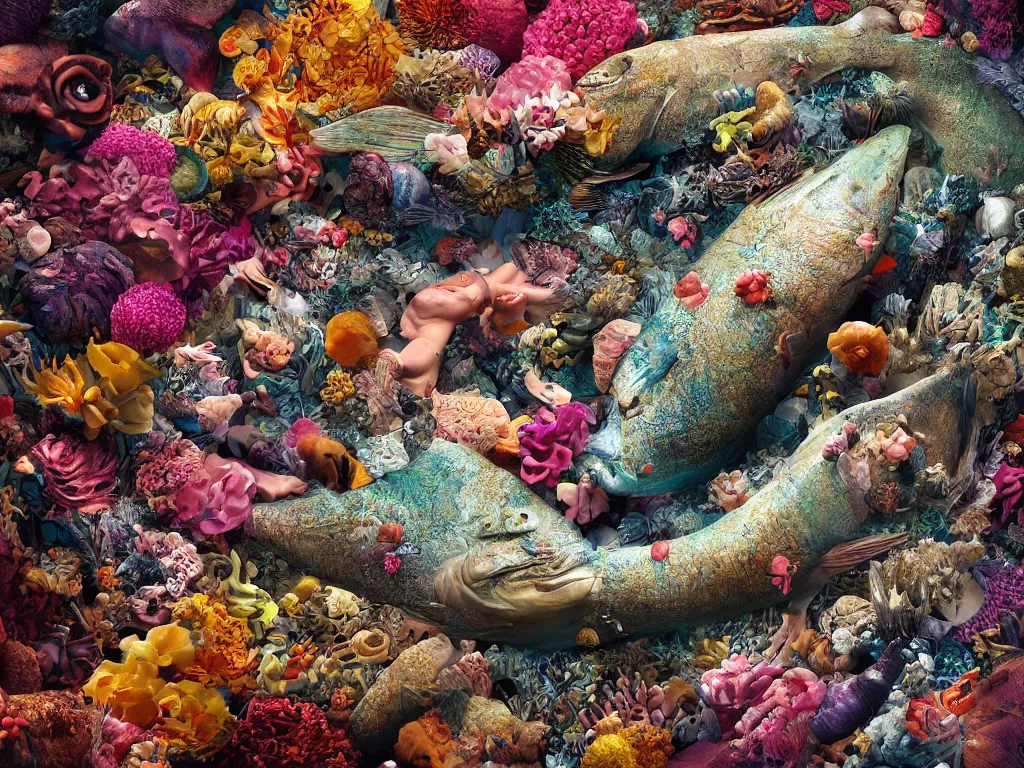 Prompt: a sculpture of fish ocean intertwined, a lovely cornucopia of flowers and human body parts, body parts, highly detailed, octane render, cinematic, shock, sharp focus, annular