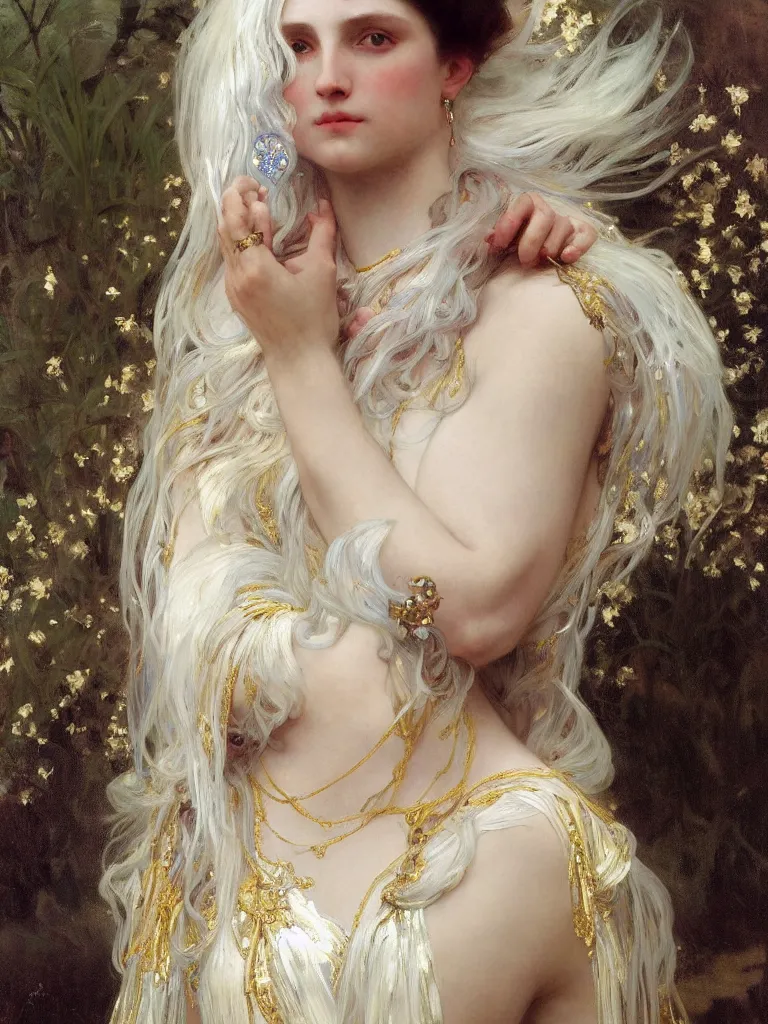 Image similar to a highly detailed beautiful white haired woman, adorned with precious stones and thin gold tendrils, by jeremy mann, by alphonse mucha, by william - adolphe bouguereau, 4 k resolution, trending on artstation, very very detailed, masterpiece, stunning, intricate,