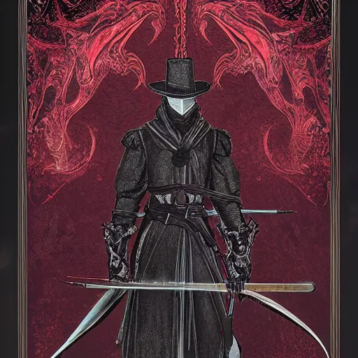 Image similar to Tarot Card of Male Victorian Gothic Ninja, hd, intricate, bloodborne, 8k, digital art