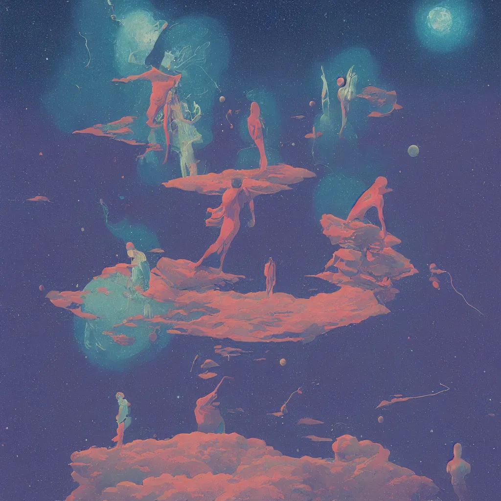 Image similar to a scifi multiverse scene in space of a spiritual being dreaming psychedelic hallucinations in cosmos, by kawase hasui, moebius, Edward Hopper and James Gilleard, Zdzislaw Beksinski, Steven Outram colorful flat surreal design, hd, 8k, artstation