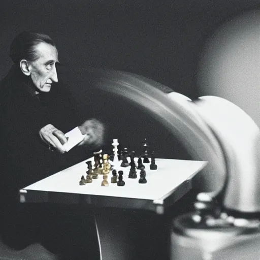 Image similar to filmstill of Marcel Duchamp playing chess against a futuristic machine, long exposure, minimal composition, packshot, archival pigment print