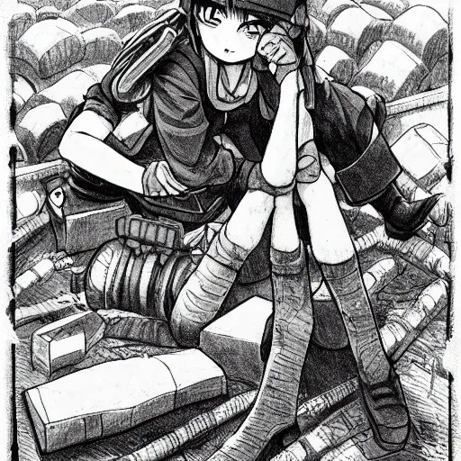 Image similar to manga style, clean simple line art, portrait of girl, under artillery fire, trench sandbags in background, professional composition, soldier clothing, short hair, hair down, symmetrical facial features, detailed drawing, top ranked manga, by kentaro miura