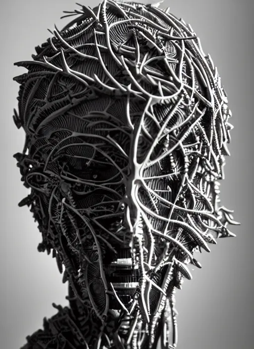 Image similar to a young female cyborg bust made of intricate vegetal stems, dramatic, ilford hp 5, closeup - view, f / 2. 8, high contrast, 1 6 k, fluorescent lamp, contre - jour, insanely detailed and intricate, hypermaximalist, elegant, ornate, hyper realistic, super detailed