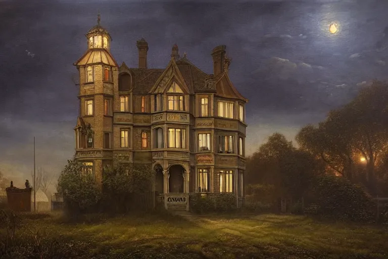 Image similar to a beautiful hyperrealistic painting of a british victorian house with a tower at night, very detailed by andrea kowch, and giovanni paolo paninni and samuel and joseph newsom