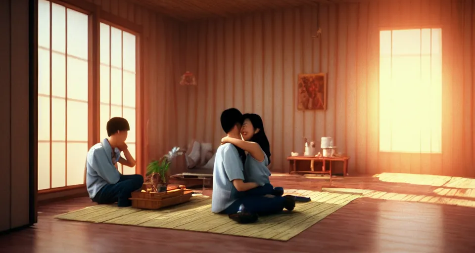 Image similar to 1 9 9 3, disposable camera, flash, pov, wide shot of asian couple hugging at each other, sitting in rural living room, group of mechanical fans placing around the room, day light, high details, octane render, realistic