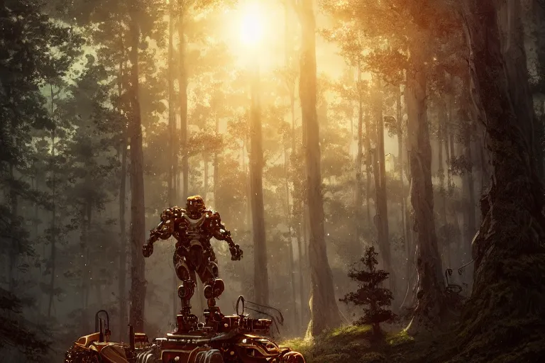 Prompt: detailed intricate digital illustration by greg rutkowski and artgerm and wlop and sanford robinson gifford ; bearded man standing next to his mech suit, standing in yggdrasil forest thick trees ; 1 3 mm film, arri alfa anamorphic lens ; sharp focus, golden hour lighting, gleaming sunlight rays ; trending on artstation 4 k ; close view