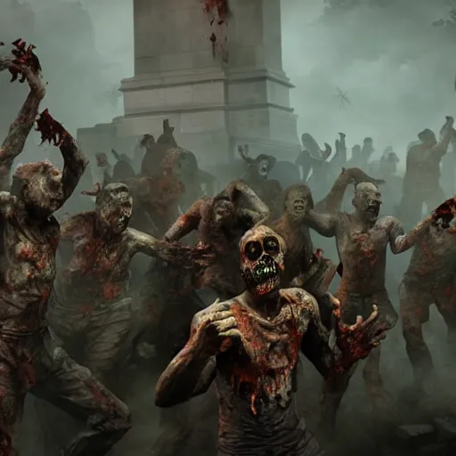 Image similar to a horde of zombies attacking an Statue, award winning, trending on artstation, unreal engine